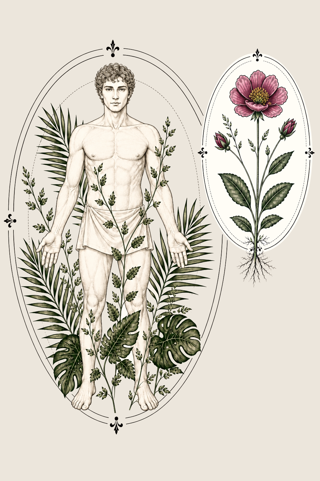 Botanische Tafel mit Mensch und Pflanze